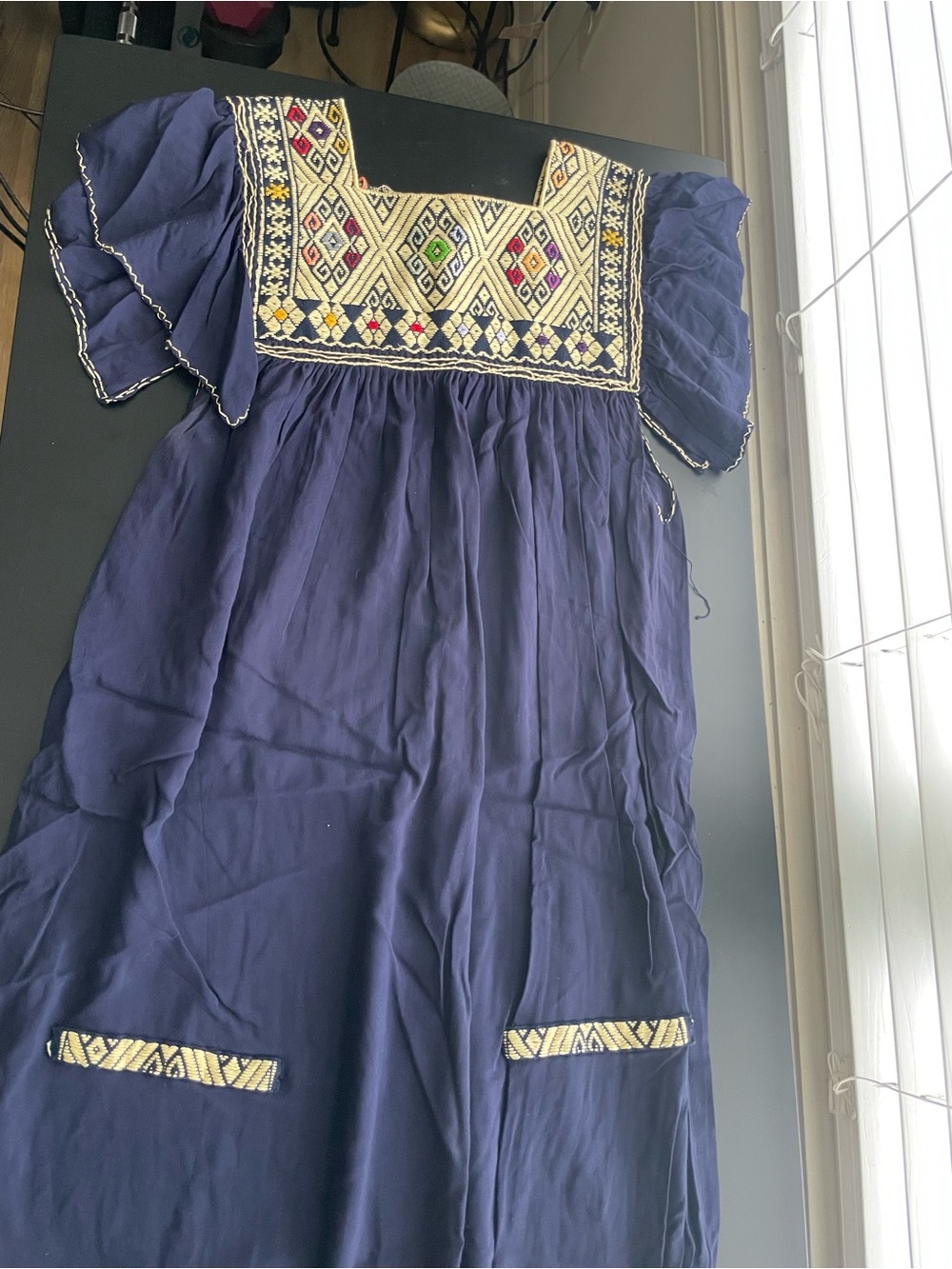 Handmade Embroidered Navy Maxi Dress with Square Yoke